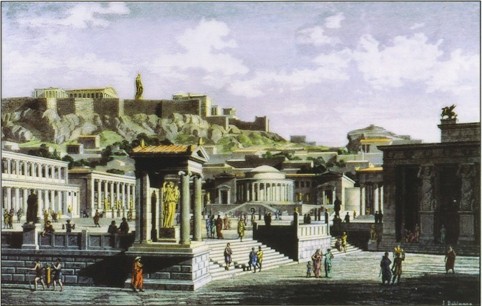 die Agora von Athen; Zeichnung ausd dem 19. Jahrhundert